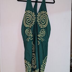 Commense Green Halter Dress with Yellow Swirl Pattern